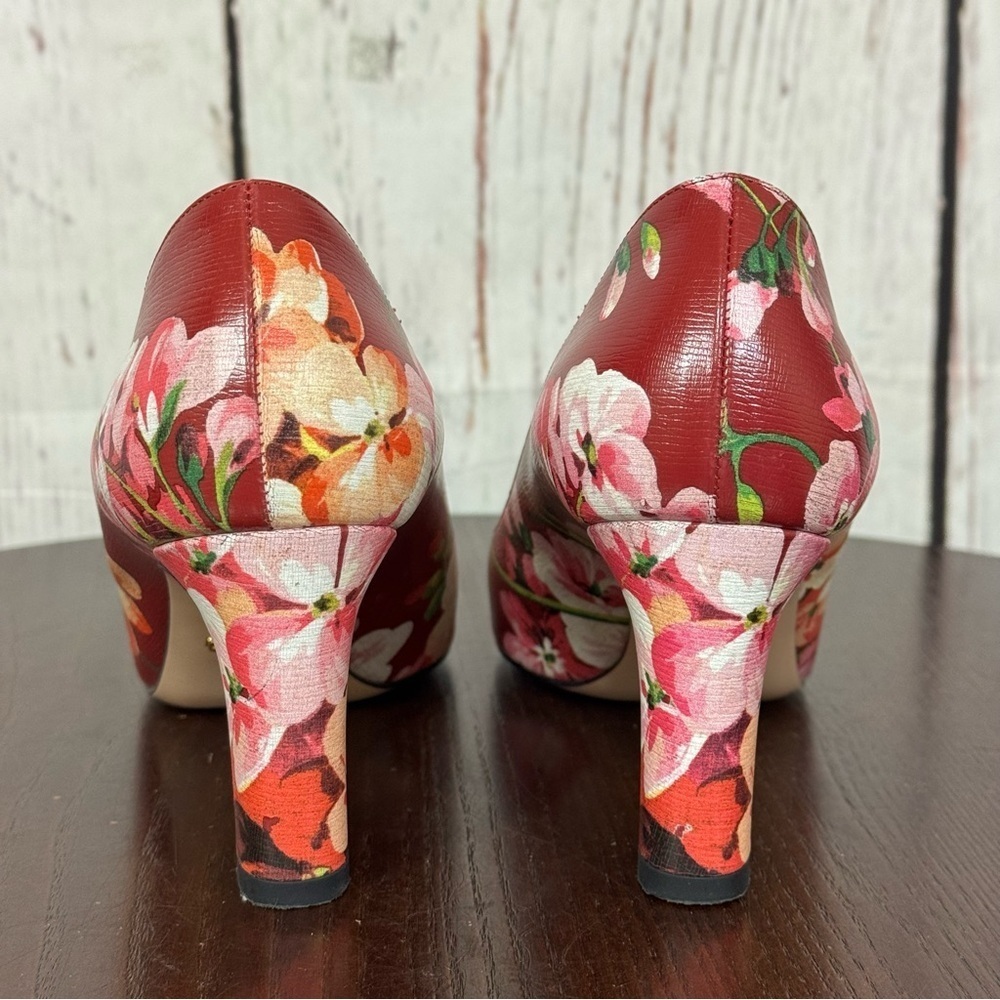 GUCCI BLOOM women’s Napa leather Red Floral 3” Heels Round Toe in size 37.5 - Picture 14 of 17